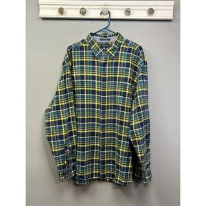 Nautica Button Down Shirt Mens XXL Yellow Blue Plaid Classic Fit Cotton Long Slv